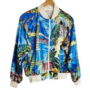 Casual Corner Vintage Bomber Jacket Womens XL Blue 80s Paris Scene Streetwear